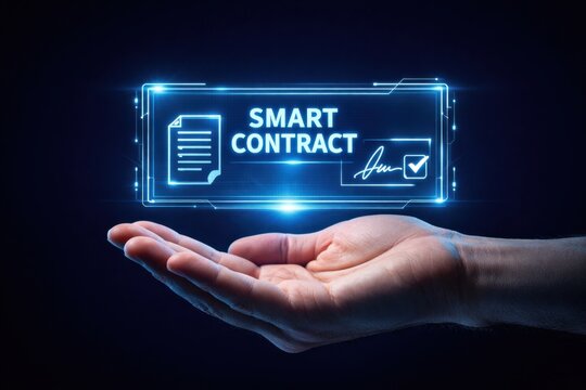 Smart contract digital interface with secure agreement signing and blockchain verification technology concept