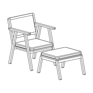 Perspective view of armchair in clean outline rendering, presenting modern and minimal seating furniture design.
