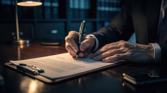 A person in formal attire signs a document on a wooden desk under warm lighting, suggesting a professional or legal setting.