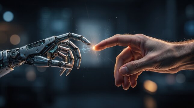 A robotic hand and a human hand nearly touch, symbolizing connection and interaction between technology and humanity.