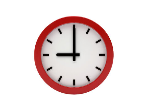 Vibrant red-framed wall clock displaying nine o clock, a precise timekeeping device isolated PNG on transparent background, ideal for graphic design