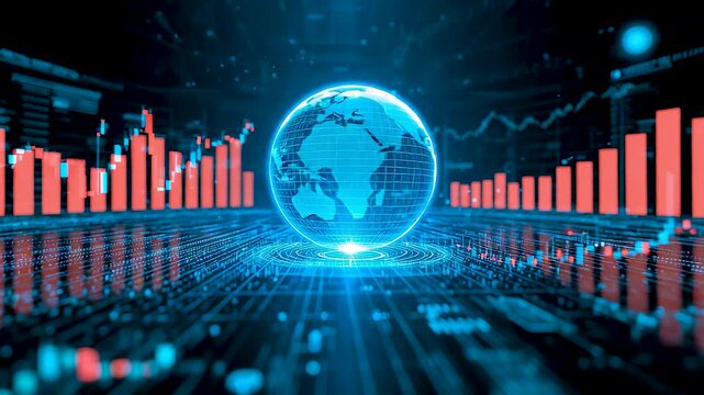 Glowing blue globe of Earth floating above digital financial charts with red and blue bar graphs on dark background