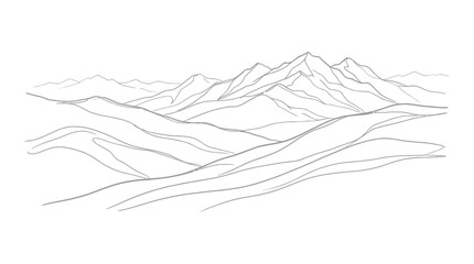 Fototapeta premium Line art drawing of a vast mountain range with rolling hills in the foreground, showcasing a serene natural landscape.