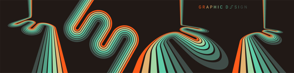A retro 1970s-style background. Colorful lines. Abstract, dynamic curved ribbons. A serpentine curve of a race track. Designed for posters or banners for sports competitions. Vector illustration.