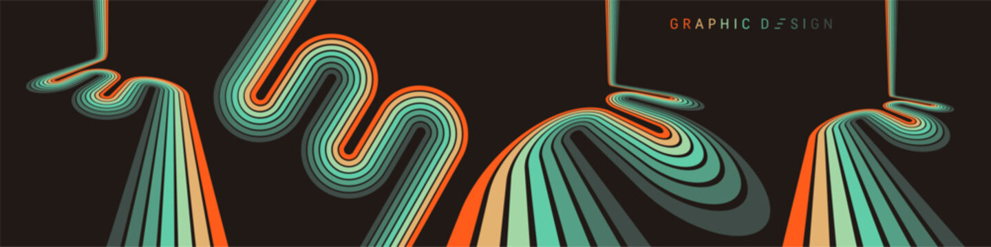A retro 1970s-style background. Colorful lines. Abstract, dynamic curved ribbons. A serpentine curve of a race track. Designed for posters or banners for sports competitions. Vector illustration.