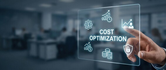 Fototapeta premium cost optimization, business strategy, financial management, efficiency, digital interface, investment, growth - businessman touching virtual screen with icons in a blurred office.