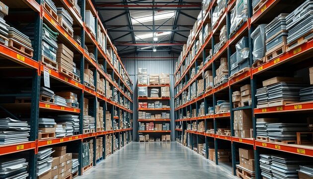 Organized small business warehouse shelves stocked with inventory, goods, facility