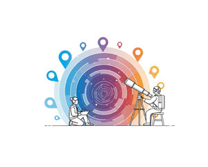 Fototapeta premium Conceptual flat line illustration of researchers exploring a digital universe using a telescope and notebook, featuring colorful global location pins, data visualization, and discovery themes.