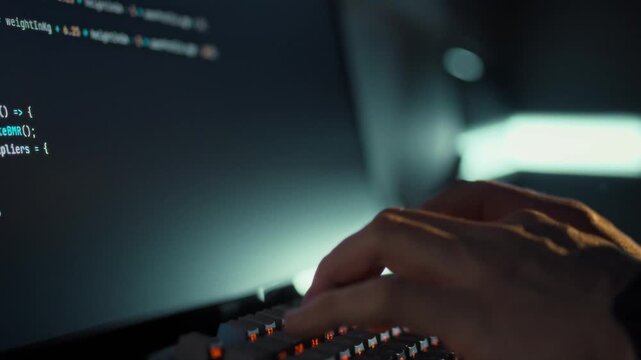 Skilled professional rapidly inputs complex code on computer, swiftly updating software on monitor. This development work integrates artificial intelligence, leveraging technology to drive innovation