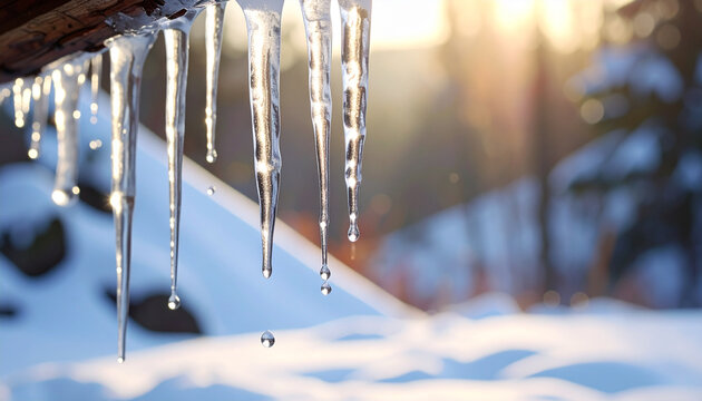Close up of melting icicles with sunlight and snow in the background