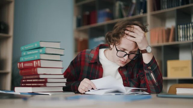 Stressed male student studying hard in a university library