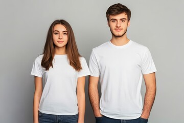 Fototapeta premium Young man and woman stand together wearing blank white T-shirts in a simple setting on a grey background