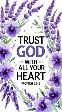Floral illustration featuring purple flowers and lavender with the text "Trust God with All Your Heart" and the Bible verse Proverbs 3:5-6