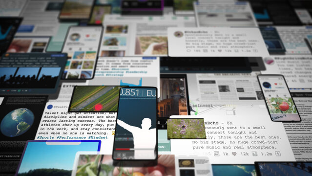 Complex collage of digital posts, analytics, and social feeds visualizing continuous information streams, connectivity, and the overwhelming presence of online platforms in daily routines.