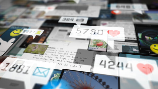 Dense composition of overlapping social media elements, notifications, and content cards illustrating digital overload, online engagement, and constant information consumption in modern life.