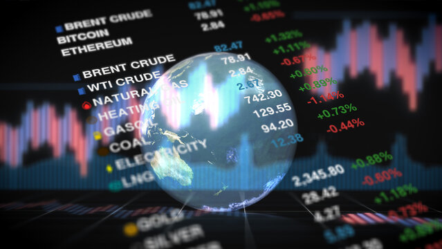 Detailed market interface featuring commodities like gas, coal, gold, and energy prices with charts and indicators, highlighting global trading activity and economic performance insights.