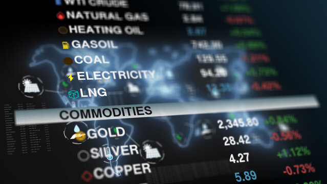 Financial dashboard with global map overlay and commodity trends showing energy prices, market movement, and economic indicators, representing worldwide trading and data visualization.