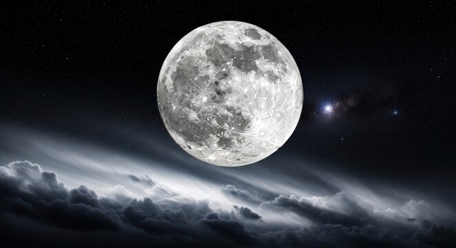 Giant silver moon dominating vast cloudy night sky with distant stars