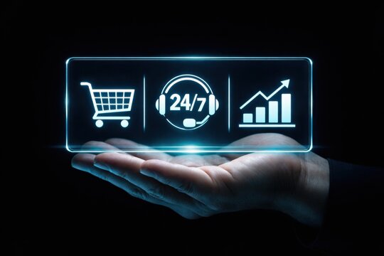 Customer support and e commerce service concept with 24 7 assistance shopping and business growth icons interface