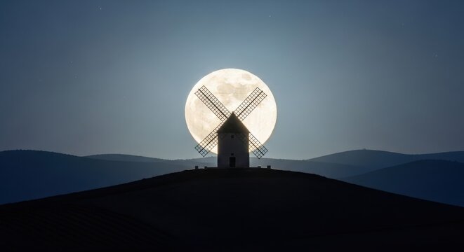Full moon glowing intensely behind a single historic windmill on a dark hill at night