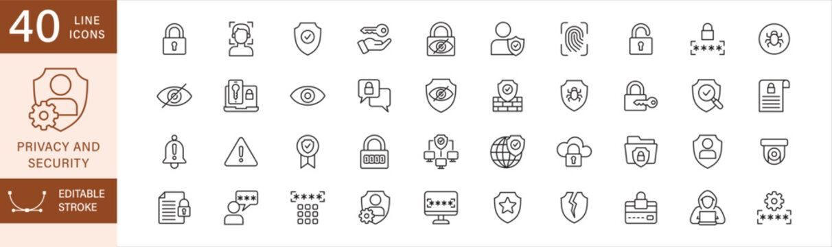 Security and privacy icon set. Contains icon symbol of data security, padlock, password, face recognition, access, fingerprint, firewall, encryption, two factor authentication, chat, shield, pin.