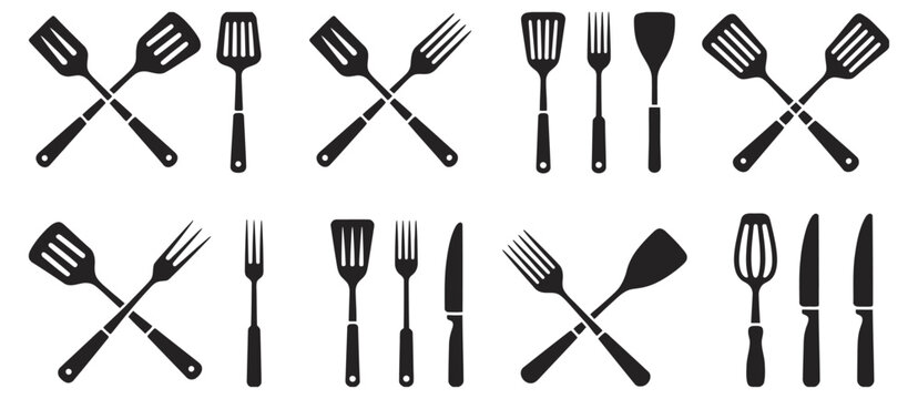 BBQ and kitchen utensil icon set vector illustration for cooking, grilling, restaurant and food design, creative vector collection of barbecue and kitchen tools, ideal for restaurant graphics, cooking