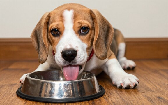 Adorable beagle puppy eagerly licking food bowl on wooden floor.