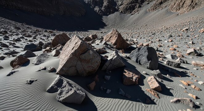 Angular breccia clasts embedded in fine grey dust on a barren, rocky mountainside