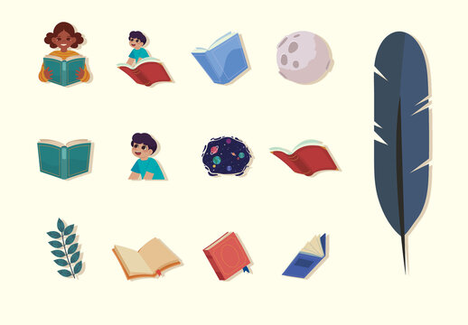 Reading Fantasy Book Illustration Set