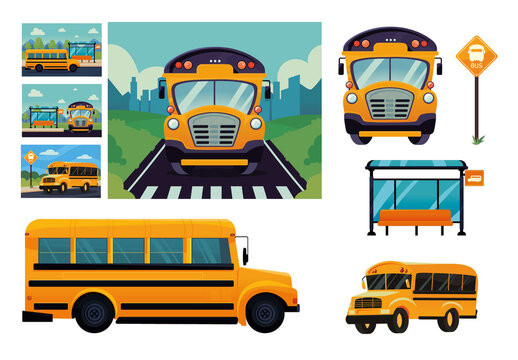 School Bus Transport Illustration Set