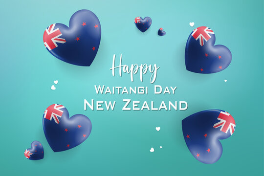 New Zealand Waitangi Day celebration graphic with hearts and silver fern emblem on blue and red festive background