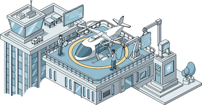 Isometric Futuristic Urban Vertiport with eVTOL Flying Taxi, Maintenance Robots, and Technicians on Rooftop Helipad
