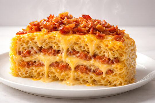 Layered ramen composition reveals cheese and crispy bacon textures in cross section minimal styling