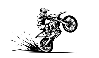Motocross rider wheelie black white action vector illustration © MstBabli
