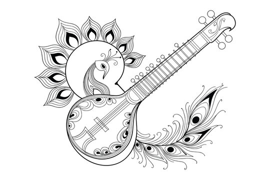 Indian Veena Musical Instrument with Peacock MotifBlack and White Line Art Style