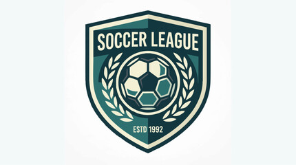 Fototapeta premium Soccer League shield logo with classic football and laurel wreath design