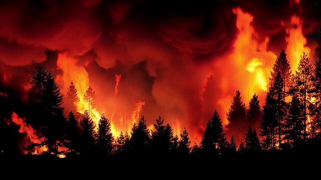 Nighttime forest fire engulfs mountain slopes with heavy smoke. Firefighters with hoses and axes battle large flames, capturing a dramatic view of this natural disaster in tropical forests.