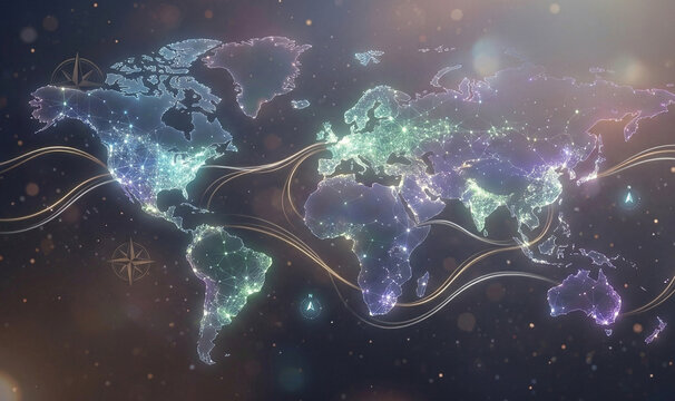 Abstract glowing text-free world map with compass rose icons and golden braided connections, visualizing global connectivity, data network, and travel over a cosmic background.