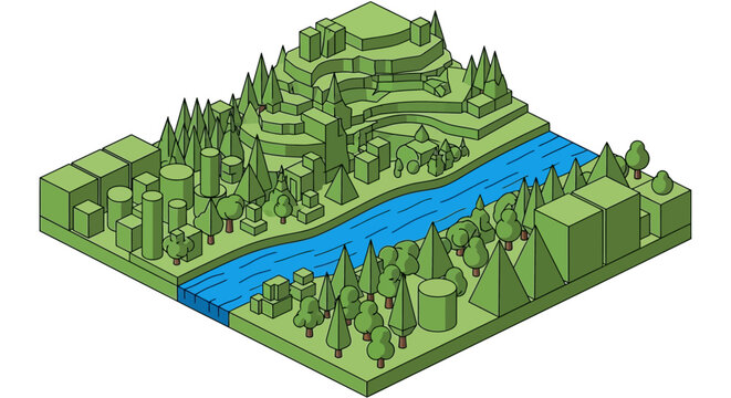 Isometric 3D model of a stylized landscape with river and trees.