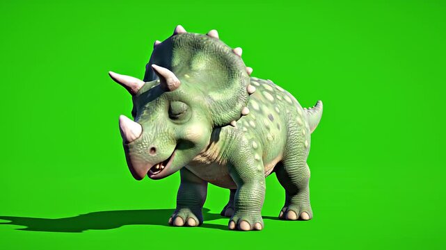 3D render of a cute green triceratops dinosaur with pink horns and mouth standing on a green background with shadow, cartoon style, prehistoric creature