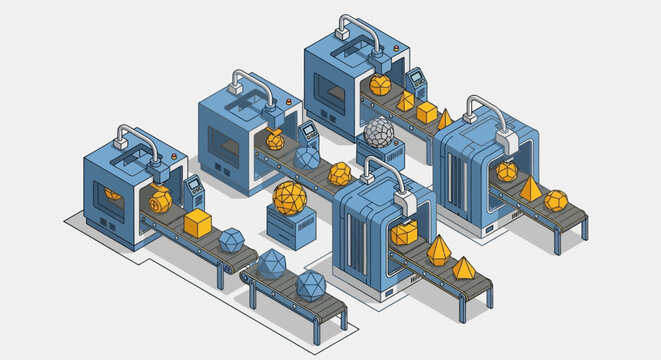 Automated factory production line with conveyor belts and machinery.