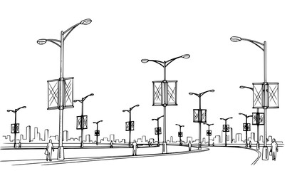 Urban street perspective with lamppost advertising banners black and white sketch vector city landscape illustration © Mithun