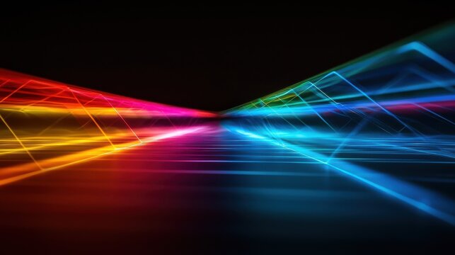 Laser beam modulation creating dynamic light interference patterns with spectrum colors flowing from warm orange red to cool cyan blue on black background
