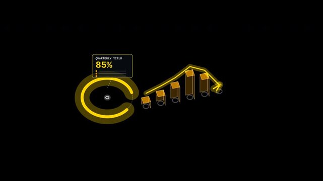 Animated business infographic with growth chart and data visualization showing quarterly yield percentage increasing over time on black background