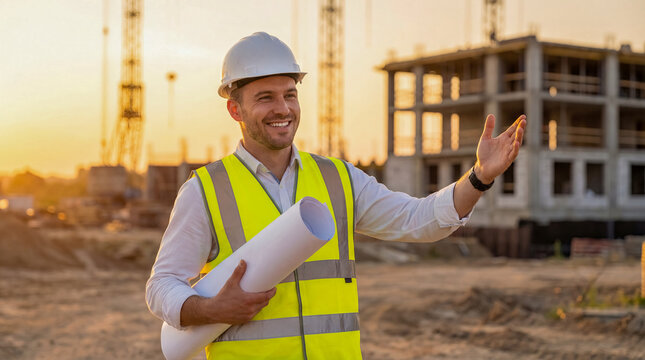 construction engineer worker hardhat blueprint building site safety project portrait professional directing activity at a site for infrastructure planning supervision and industrial progress