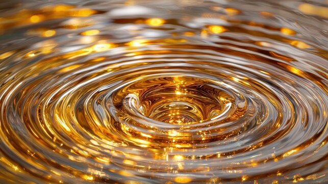Wave diffraction rings liquid surface golden amber tones concentric circular patterns light interference rippling formations water spiral center radiating