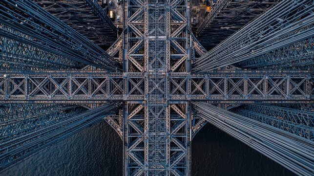 Bridge cable patterns aerial view historic American suspension bridge steel wire network geometric structure vintage engineering architecture design