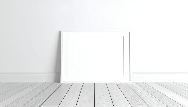 Blank white picture frame leaning against a minimalist white wall, resting on light wooden
