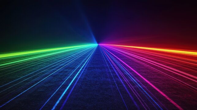 Laser coherence length demonstration with radiating multicolor beams creating symmetrical interference patterns from central point across spectrum on dark textured surface