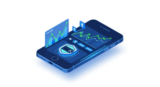 A smartphone displays a security shield and graphs on its screen in an isometric view.